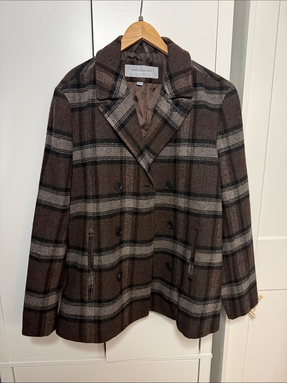 Marc New York Brown and Gray Plaid Double-Breasted Peacoat